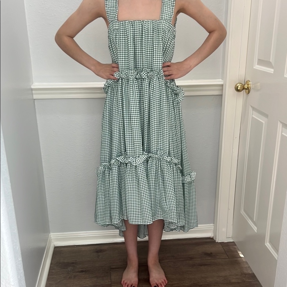 MABLE Green‎ Gingham tiered ruffle Sleeveless Dress S - Picture 8 of 13